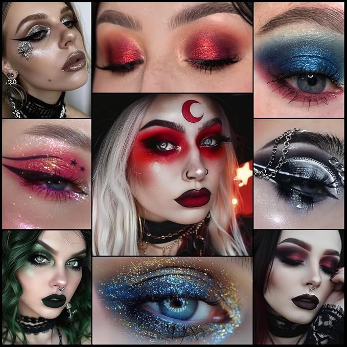 DE'LANCI Red Black Goth Eyeshadow Palette, Red Eyeshadow Goth Makeup Palette, Gray Silver Shimmer Glitter Eye shadow Pallet, Burgundy Eye Shadow for Vampire Clown Halloween Makeup,High Pigment,Vegan