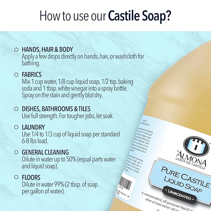 Pure Castile Liquid Soap, LAVENDER, 1 Gallon - Multipurpose: Hands, Face, Body, Laundry, Dishes & More - For Sensitive Skin, All-Natural Ingredients, Scented with Essential Oils