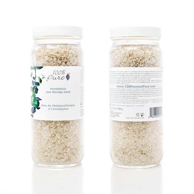 100% PURE Eucalyptus Sea Therapy Soak Bath Salts for Nourishing Skin, Relax Body & Mind Eucalyptus Essential Oils Home Spa Kit for Women & Men - 15 Oz