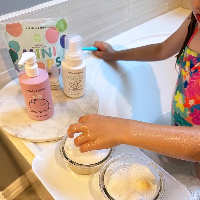 Dabble & Dollop Soothing Mini Bath Bombs & Vanilla Shampoo, Body Wash and Bubble Bath for Kids - All Natural, Resealable Pouch, Foaming Whip, Vegan, Gluten-Free, Cruelty-Free (Pack of 2)