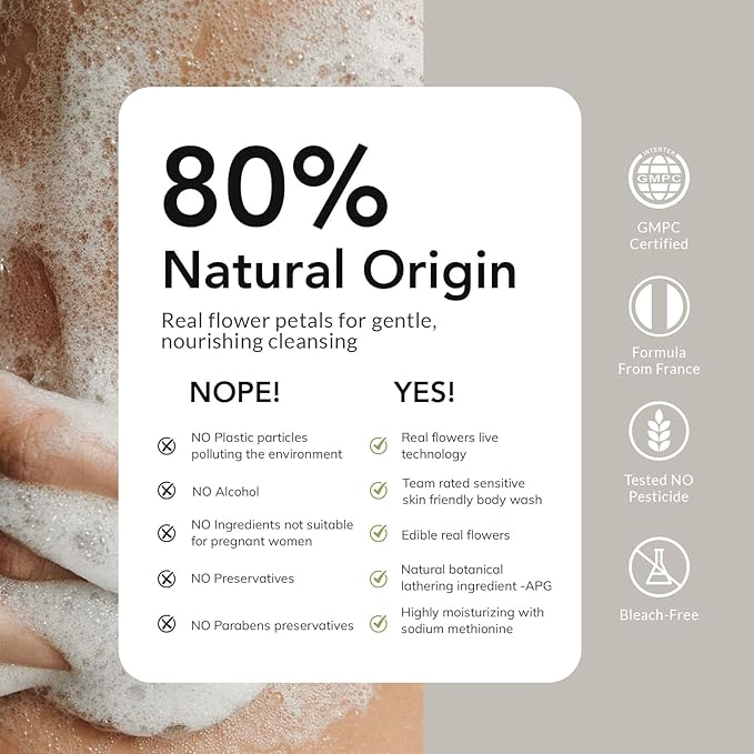 Kustie Jasmine Body Wash Deep Moisturizing Shower Gel - Real Petals, Hyaluronic Acid, Niacinamide & Squalane, Rich Lather, Long-Lasting Natural Scent for Dry & Sensitive Skin, 24.3 fl oz