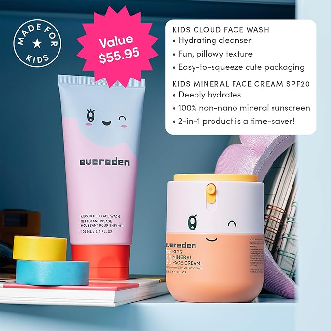 Kids Healthy Morning Duo: Clean & Vegan Skin Care for Kids Bundle | Skin Care Cloud Face Wash + SPF 20 Mineral Face Cream | Non-Toxic | Non-Comedogenic | Fun | Easy-to-Use Skincare