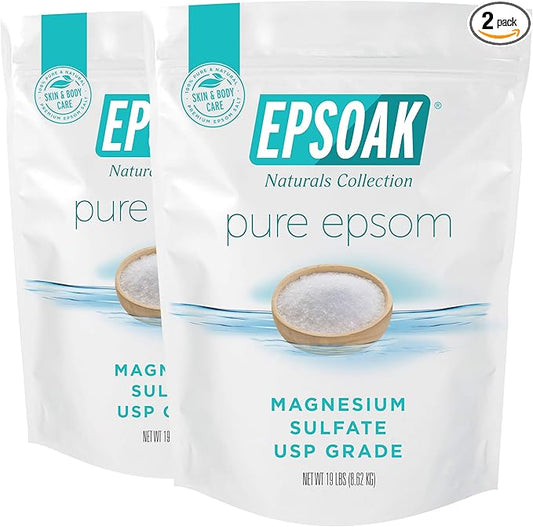 Epsoak Epsom Salt 38 lb. Magnesium Sulfate USP. (Qty. 2 x 19 lb. Bags) Resealable Epsom Salt Bag Unscented, Made in The USA, Cruelty-Free Certified