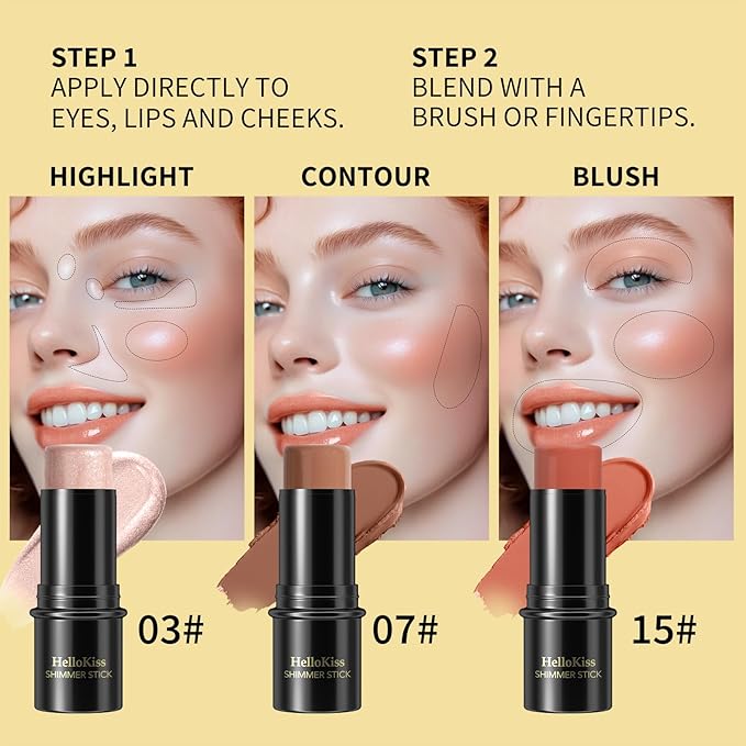 3Pcs Cream Contour Stick Makeup Kit, Shades with Highlighter, Blush and Bronzer Contour Stick for Cheeks, Lips, Eyes, Natural Face Contouring, Long Lasting, Waterproof, Matte Finish (Set A, S)