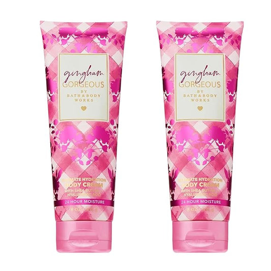 Bath & Body Works Gingham Gorgeous Body Cream, Ultimate Hydration Moisturizer with Shea Butter & Hyaluronic Acid for Dry Skin – Pink Strawberries, Peony Blooms, and Peach Nectar, 8 oz - 2 Pack