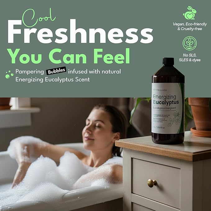 Luxury Foaming Bath - Natural Scented Bubble Bath with Essential Oils and Epsom Salt - Energizing Eucalyptus Scent, 33.8 fl oz / 1L