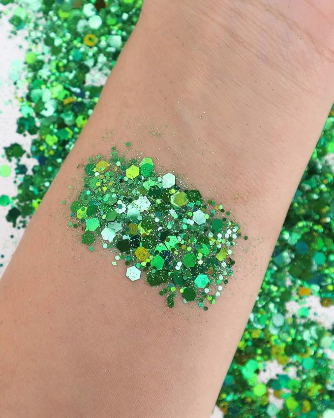 Green Face & Body Glitter - Chunky Glitter - Uses Include: Holidays, Cheerleading, Festival, Rave, Hair, Makeup, Face, Body, Nails, Resin, Arts & Crafts, Resin, Tumblers, Bath Bombs