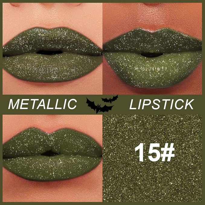 Kaely Dark Green Glitter Metallic Lipstick Makeup, Shimmer Metallic Lipsticks for Women, High Pigmented Lip Gloss Long Lasting Waterproof Smudge Proof, Vegan & Cruelty-Free, 15