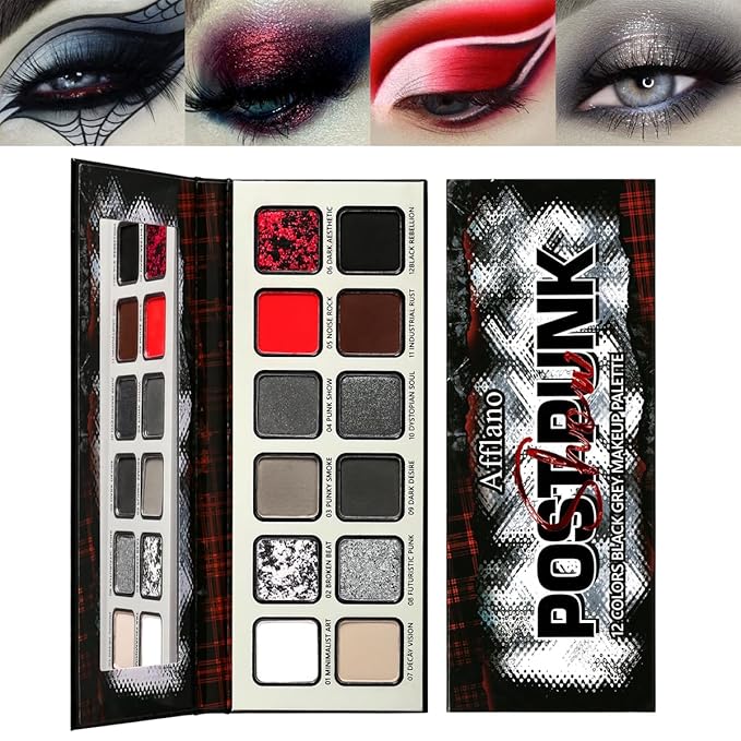 Black Gray Red Goth Makeup Palette, High Pigmented Grey Silver Brown Matte Shimmer Smokey Eyeshadow Palette, 12 Color Long Last Dark Emo Grunge Vampire Eye Shadow for Daily & Halloween Clown,Blendable