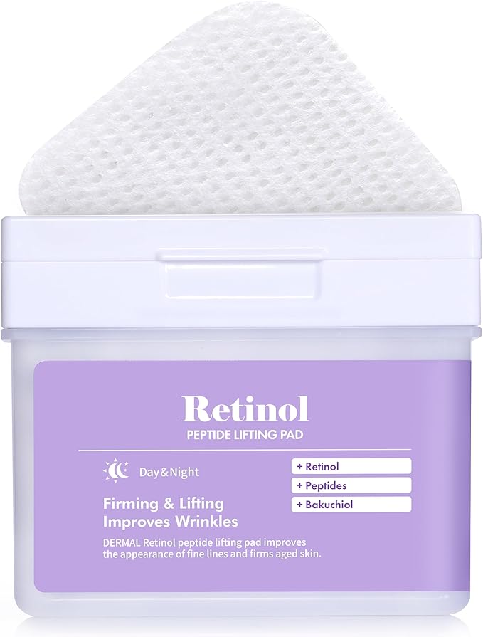 DERMAL Retinol Peptide Lifting Toner Pad 120 Count Bulk, Korean Anti Aging Stretchable Cotton Hole Pad with Bakuchiol and Copper Peptide, 65x70mm Large Square Pad with Tongs, Pore Firming Care