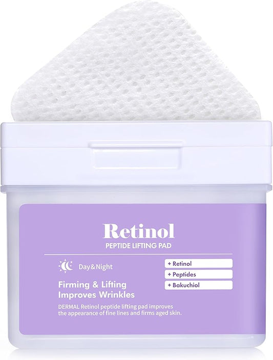 DERMAL Retinol Peptide Lifting Toner Pad 120 Count Bulk, Korean Anti Aging Stretchable Cotton Hole Pad with Bakuchiol and Copper Peptide, 65x70mm Large Square Pad with Tongs, Pore Firming Care