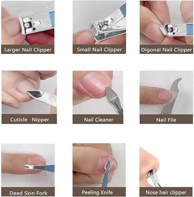18 Pieces of Stainless Steel Nail Trimming and Beauty Kits - Nail Clippers, Nail Files, Tweezers, Nose Scissors, Eyebrow shavers, Ear Spoons, Blue Leather suitcases.