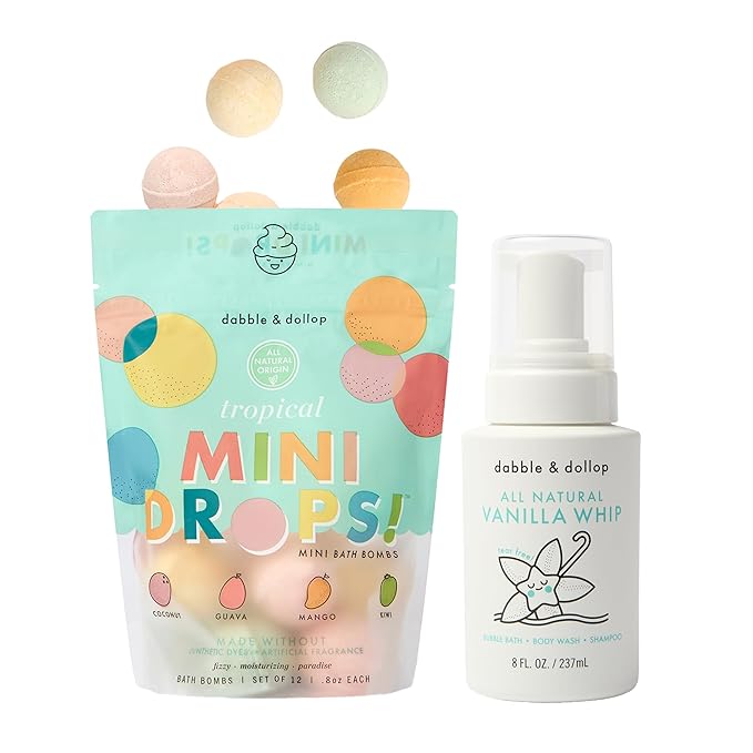 Dabble & Dollop Tropical Mini Bath Bombs & Vanilla Shampoo, Body Wash and Bubble Bath for Kids - All Natural, Resealable Pouch, Foaming Whip, Vegan, Gluten-Free, Cruelty-Free (Pack of 2)