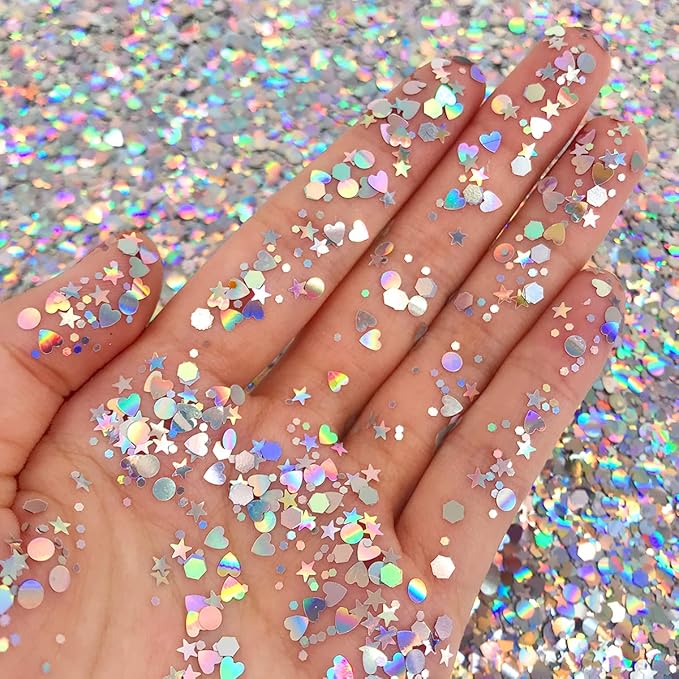 Holographic Silver - Face & Body Glitter - Chunky Glitter - Uses Include: Holidays, Cheerleading, Festival, Rave, Hair, Makeup, Face, Body, Nails, Resin, Arts & Crafts, Resin, Tumblers, Bath Bombs