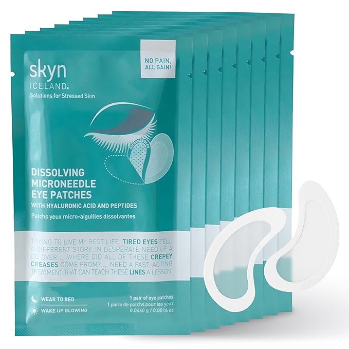 skyn ICELAND Dissolving Microneedle Under-Eye Patches — 39% Hyaluronic Acid & Peptides, No-Slip Overnight Eye Mask, Vegan, All Skin Types, 8 Pairs