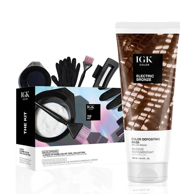 IGK Hair Gloss Toner & Depositing Mask + At-Home Color Tool Set | Electric Bronze Brilliant Bronze | Semi-Permanent Shine + Tone | Salon-Quality Application