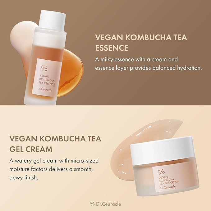 Dr.Ceuracle Vegan Kombucha Tea Essence and Gel Cream - Korean Skincare Gift Set for Holiday (Beginning Set)