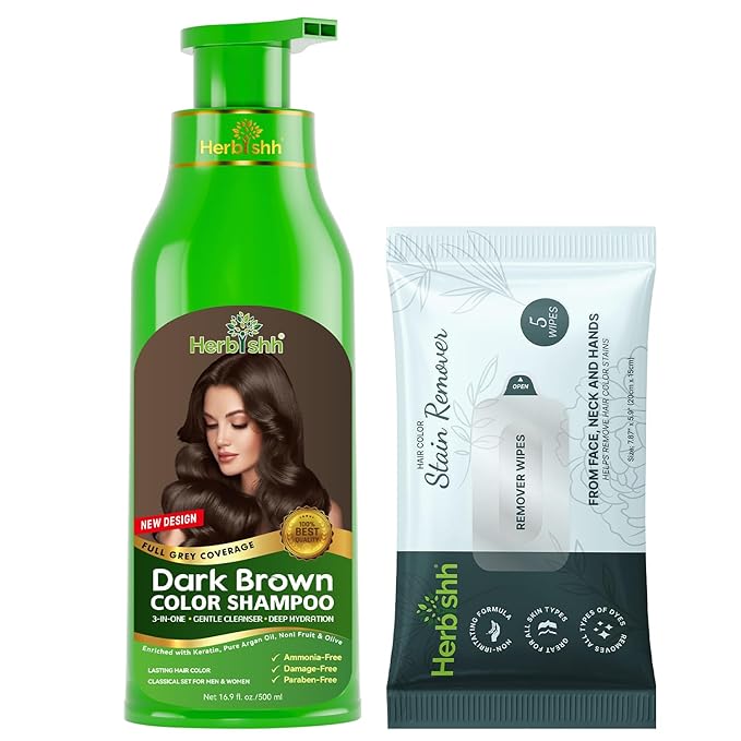 Herbishh Hair Color Shampoo for Gray Hair, Dark Brown, 500ml with Color Stain Remover Wipes, Ammonia Free