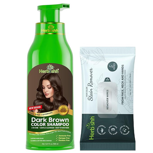 Herbishh Hair Color Shampoo for Gray Hair, Dark Brown, 500ml with Color Stain Remover Wipes, Ammonia Free