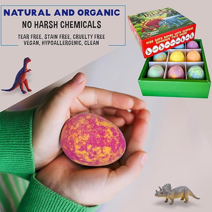 Bath Bombs for Kids with Surprise Toys Inside Plus Dinosaur Puzzle - Set of 9 Organic Dino Egg Bath Bombs with Rich Bubbles, Easter Basket Essentials