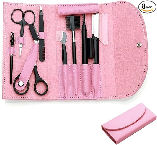 8PCS/SET Professional Eyebrow Shaping Grooming Kit - Beauty Tools Set with Leather Bag Eyebrow Grooming Kit for Women & Men, Eyebrow Trimming Kit With Razor Eyebrow Scissors and Brush with Comb