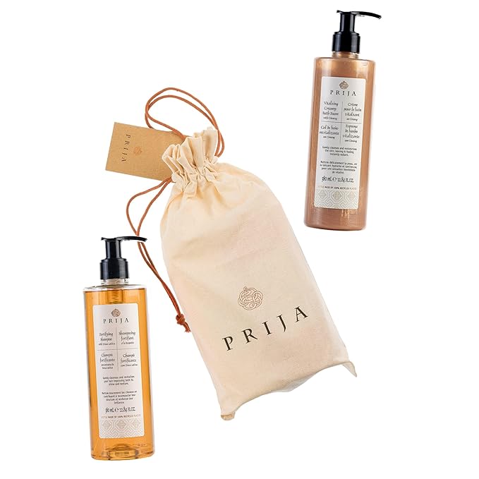 Prija Hair and Body Gift Pack (Includes Vitalizing Creamy Bath Foam with Ginseng and Fortifying Shampoo with Eruca Sativa) - Vegan Friendly - Dermatologically Tested - Made with 100% Recycled Bottle