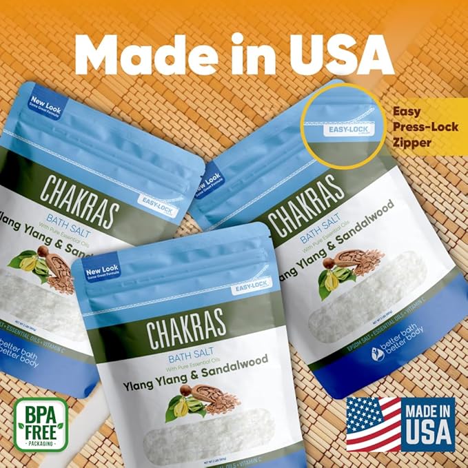 Chakras Bath Salt (3 Pack) USP Epsom Salt with Natural Ylang Ylang and Sandalwood Essential Oils Plus Vitamin C in BPA Free Pouch with Easy Press Lock Seal Made in USA Bundle 6 Lbs Total