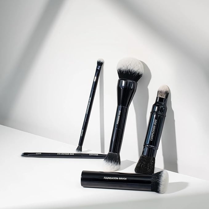 Lune+Aster Powder Duo Brush | Dual-Ended Makeup Brush For Application Of Bronzers, Blushes And Powders. Made with Alumium Handle, Vegan Bristles.