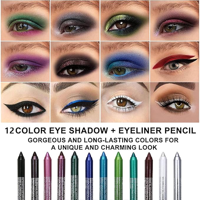 Kaely 12Pcs Glitter Gel Eyeliner Pencil Set for Women, Color Eye Liner Waterproof Smudge Proof with Sharpener, High Pigmented Eye Makeup Liners, lapiz de ojos delineador de ojos contra el agua, 01