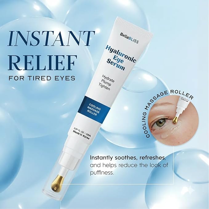 Bella Bliss Hyaluronic Acid Under Eye Serum – Hydrating & Depuffing Eye Roller For Dark Circles & Fine Lines – Dermatologist Tested, Anti-Aging Korean Skin Care, Vegan, Clean Beauty – .67 Fl Oz