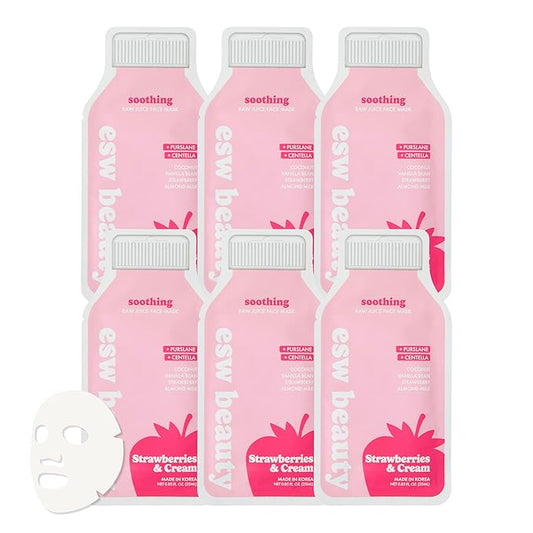 ESW Beauty Strawberries & Cream - Soothing Raw Juice Face Mask (6-Pack) - Calming with Coconut, Vanilla Bean, Almond Milk & Strawberry for Sensitive Skin - Reduces Redness & Nourishes