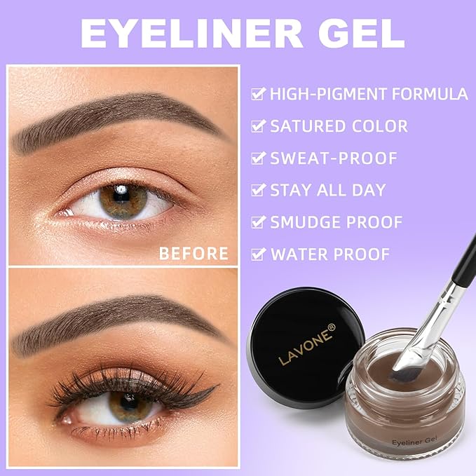 LAVONE Eyeliner Set - Waterproof Makeup Kit with Liquid Eye Liner Pencil, Gel Eyeliner and Angled Eye Liner Brush, Waterproof, Smudge Resistant, Long Lasting Formula - Brunette