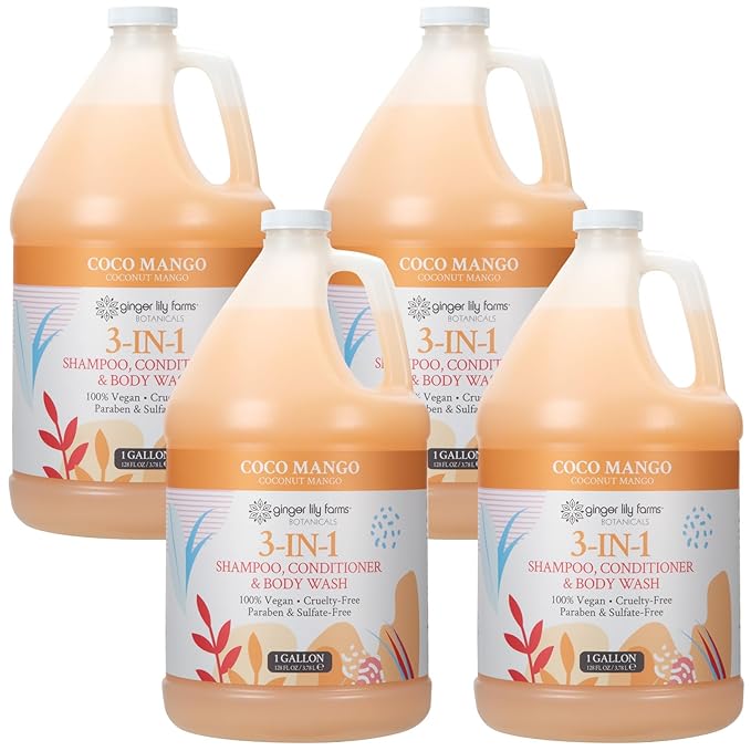 Ginger Lily Farms Botanicals 3-in-1 Shampoo, Conditioner & Body Wash, Coco Mango, 100% Vegan & Cruelty-Free, Coconut Mango Scent, 1 Gallon (Pack of 4)