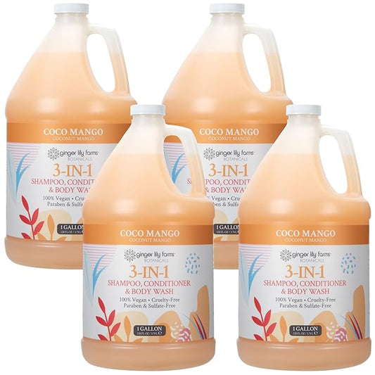 Ginger Lily Farms Botanicals 3-in-1 Shampoo, Conditioner & Body Wash, Coco Mango, 100% Vegan & Cruelty-Free, Coconut Mango Scent, 1 Gallon (Pack of 4)