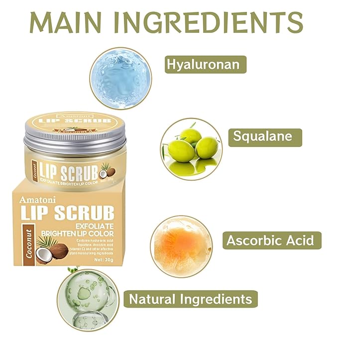 4-Color Fruit-Flavored Lip Scrub for Dry, Cracked & Dark Lips – Exfoliating & Moisturizing Lip Care with Organic Ingredients, Lip Brush – Vegan, Cruelty-Free (20g) (Coconut flavor, 1PC)