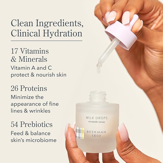 Beekman 1802 Milk Drops Ceramide Facial Serum – Hydrating Barrier Serum with Goat Milk, Ceramides, Squalane & Hyaluronic Acid – Lightweight, Non-Greasy – Fragrance Free – For Oily & Acne-Prone Skin
