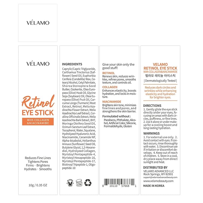 VELAMO ADVANCED Retinol Eye Stick: Plumping & Smoothing Under Eye Balm for Dark Circles, Puffiness & Wrinkles - Made in Korea, Upgraded Formula with Collagen, Niacinamide & Peptides, 0.35 OZ/10g
