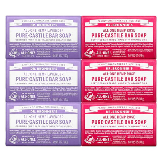 Dr. Bronner's - Pure-Castile Bar Soap, Rose 5 Ounce (3) and Lavender 5 Ounce (3) - Made with Organic Oils, For Face, Body and Hair, Gentle and Moisturizing, Biodegradable, Vegan, Cruelty-free, Non-GMO