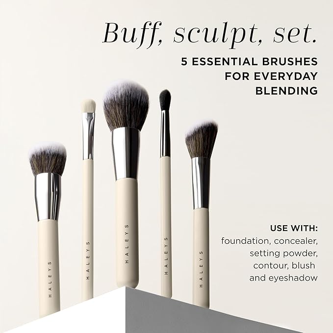 HALEYS Beauty 5-Piece Makeup Brush Set, For Streak Free Application of Liquid, Cream or Powder, Set Includes Kabuki, Powder, Contour, Crease & Lid, Make Up Bag Essentials, Vegan, Gift for Women