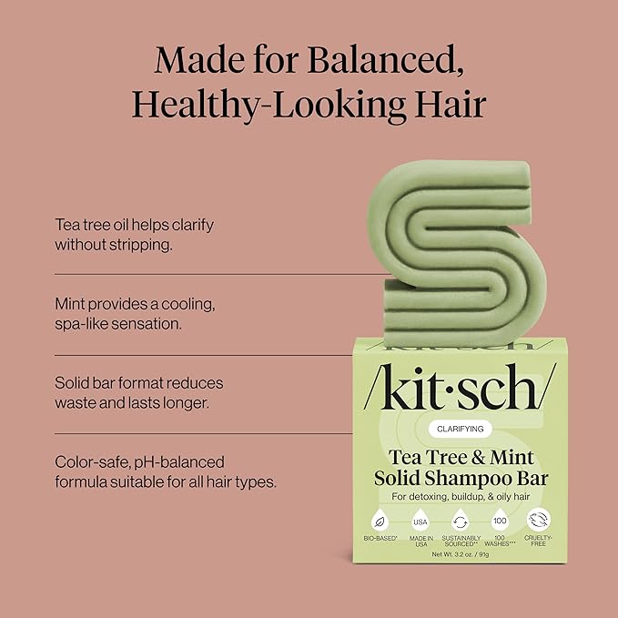 Kitsch Clarifying Tea Tree & Mint Shampoo Bar - Tea Tree Shampoo for Build-Up Removal - Hair Shampoo Bar for Scalp & Oil Control - Vegan Hair Care, Made in USA, 3.2 oz