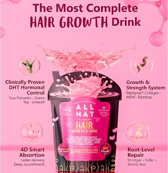 All NAT Hair Growth & Shine | 4D Bioformula Drink with 22 Active Ingredients | Supports Healthy Hair Growth, Stronger Follicles & Natural Shine | for Women & Men | Vegan · Sugar-Free · 300g
