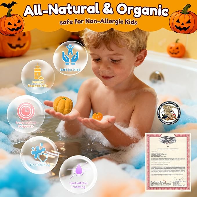 Halloween Bath Bombs for Kids Gifts: 9 Pcs Pumpkin Bath Bomb with Toys Inside Surprise Spider Light up Bath Toy Spooky Basket Stuffers for Kid Boys Girls Ages 3+ Bubble Fall Shower Steamers Bathroom