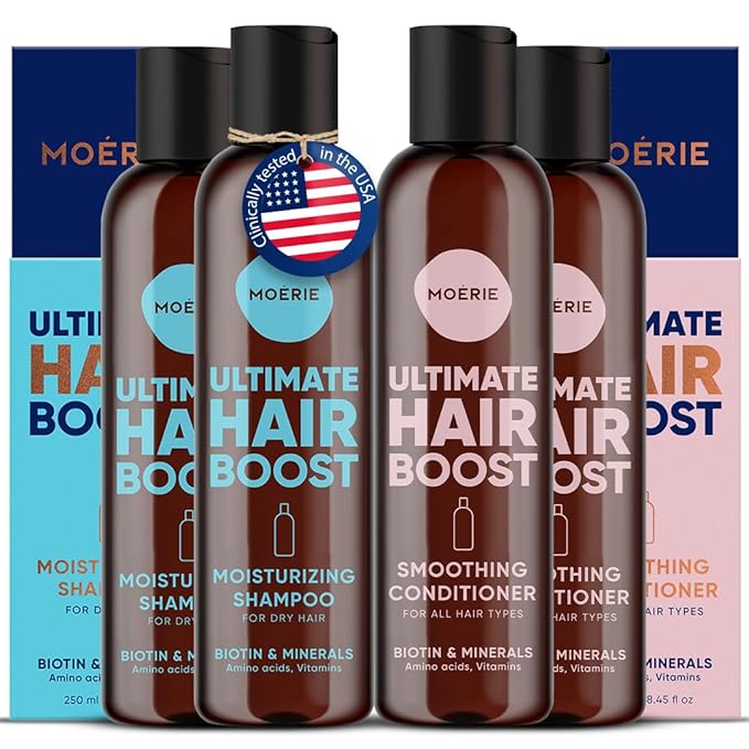 Moerie Ultimate Hair Growth Shampoo & Conditioner Double Set – Longer, Thicker, Fuller Hair – Vegan, Volumizing, Paraben & Silicone Free – Moisturizing for All Hair Types – 4 x 8.45 fl oz (250ml)