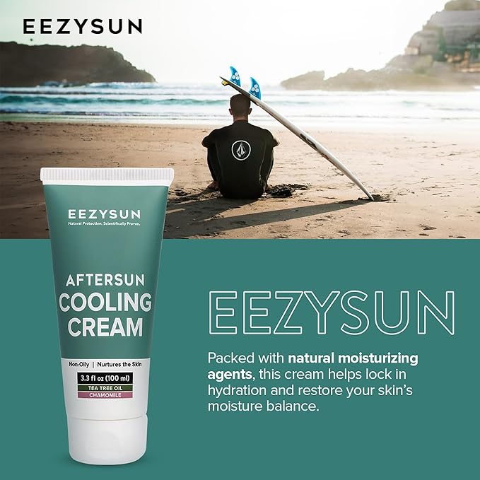 AfterSun Cooling Cream - Vegan After Sun Lotion with Aloe Vera, Tea Tree Oil, Chamomile - Soothes, Hydrates Sunburn - Outdoor, Vacation, Beach Essentials, After Sun Skin Care - 3.3 fl oz