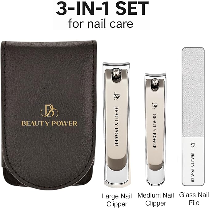 Nail Clippers Set 3 in 1 - Stainless Steel Toe Nail Clippers, Fingernail Clipper, Glass Nail File, Anti Splash, Ergonomic Grip in Black PU Leather Travel Case for Men & Women - Gift Idea