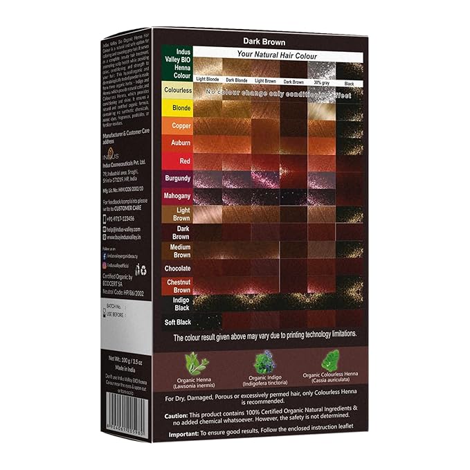 Indus Valley Bio Organic Natural Henna Powder For Hair Dye Dark Brown- 3.5 Oz