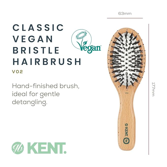 Kent V02 Vegan Boar Bristle Hair Brush with Nylon Pins, Organic Hair Brush for Styling and Detangling, Paddle Brush Ideal for All Hair Types (Small)