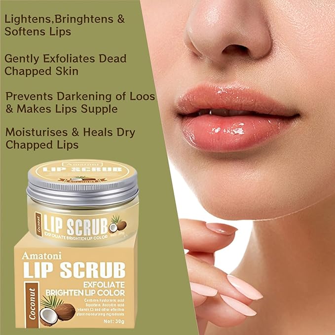 4-Color Fruit-Flavored Lip Scrub for Dry, Cracked & Dark Lips – Exfoliating & Moisturizing Lip Care with Organic Ingredients, Lip Brush – Vegan, Cruelty-Free (20g) (Coconut flavor, 1PC)
