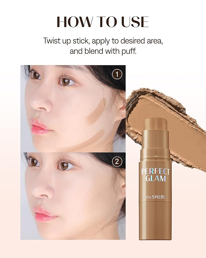 THESAEM Perfect Glam Stick Shading BR01 Brown Choux - Creamy Face Contour Taupe Brown - Ceramide, Shea Butter - Melting Cream Texture Natural Shadow Korean Makeup with Blending Puff, 0.2oz