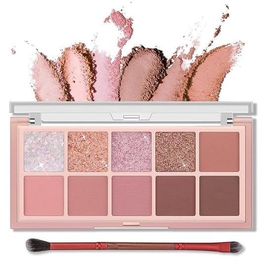 Erinde 10 Colors Eyeshadow Palette Makeup - Matte Shimmer Glitter Eye Shadow, Natural-Looking Korean Eye Makeup, Ultra-Blendable, High Pigmented, Pink Eyeshadow Palette with Brush, Rose Pink